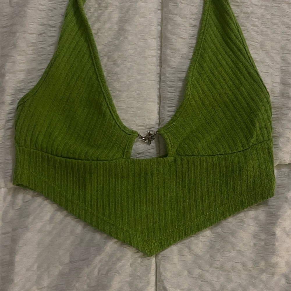 Green Ribbed Knit Halter Top